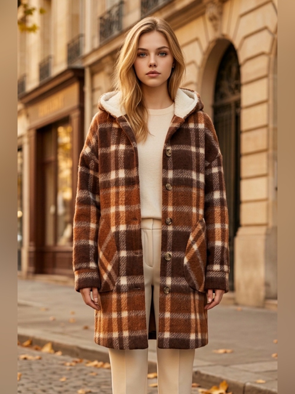 RD Style Plaid Hooded Coat in Brown, Cream & Tan R1
